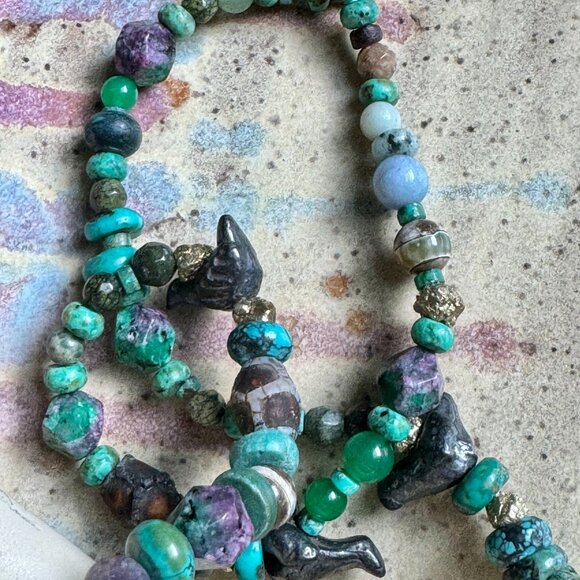 Bohemian OOAK Turquoise, Wood, Ceramic, Aventurine Statement Necklace - Picture 9 of 11